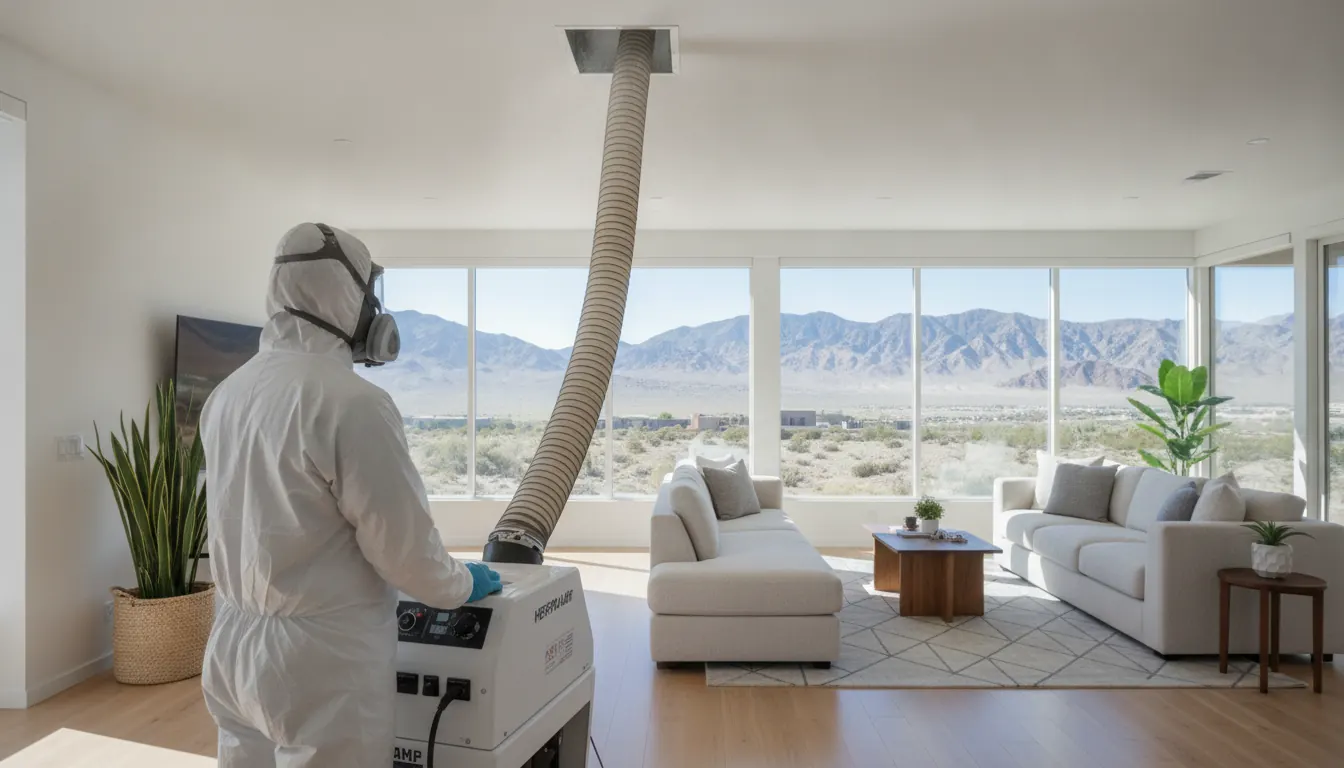 Technician connecting a negative-air duct cleaning machine to a home vent