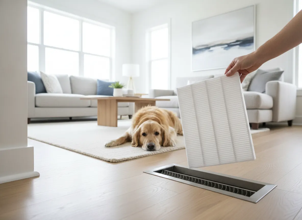 Dog resting near a floor vent while a clean air filter is held by the return