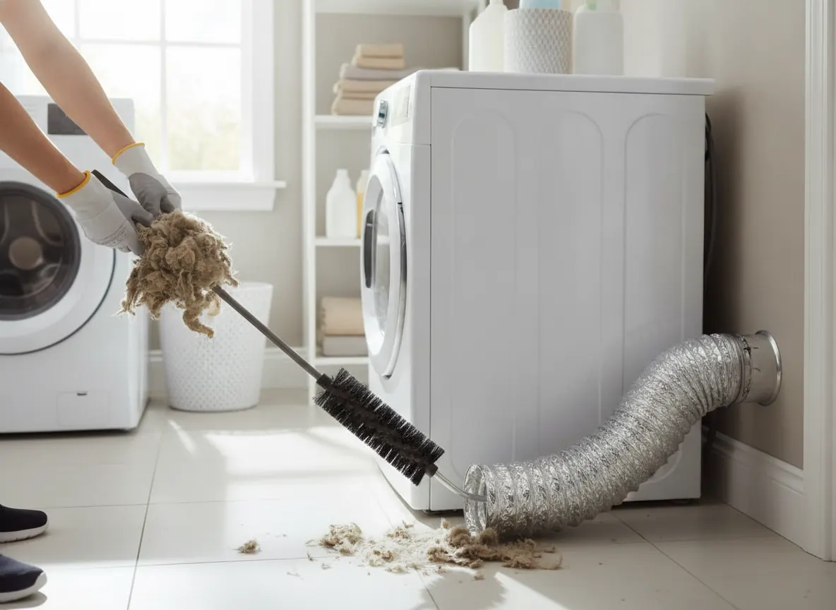 Rotary brush pulling lint out of a dryer vent duct